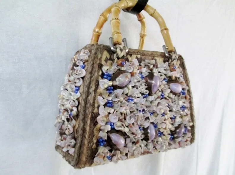 Vtg HARI TAYLOR NASSAU STRAW MERMAID HANDBAG Box Purse Satchel SEASHELL RARE!