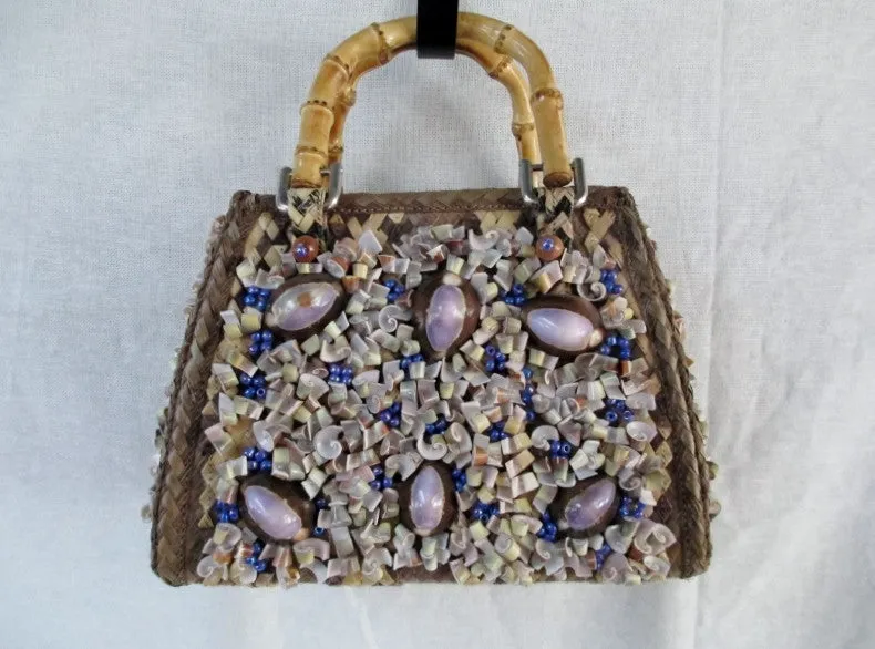 Vtg HARI TAYLOR NASSAU STRAW MERMAID HANDBAG Box Purse Satchel SEASHELL RARE!