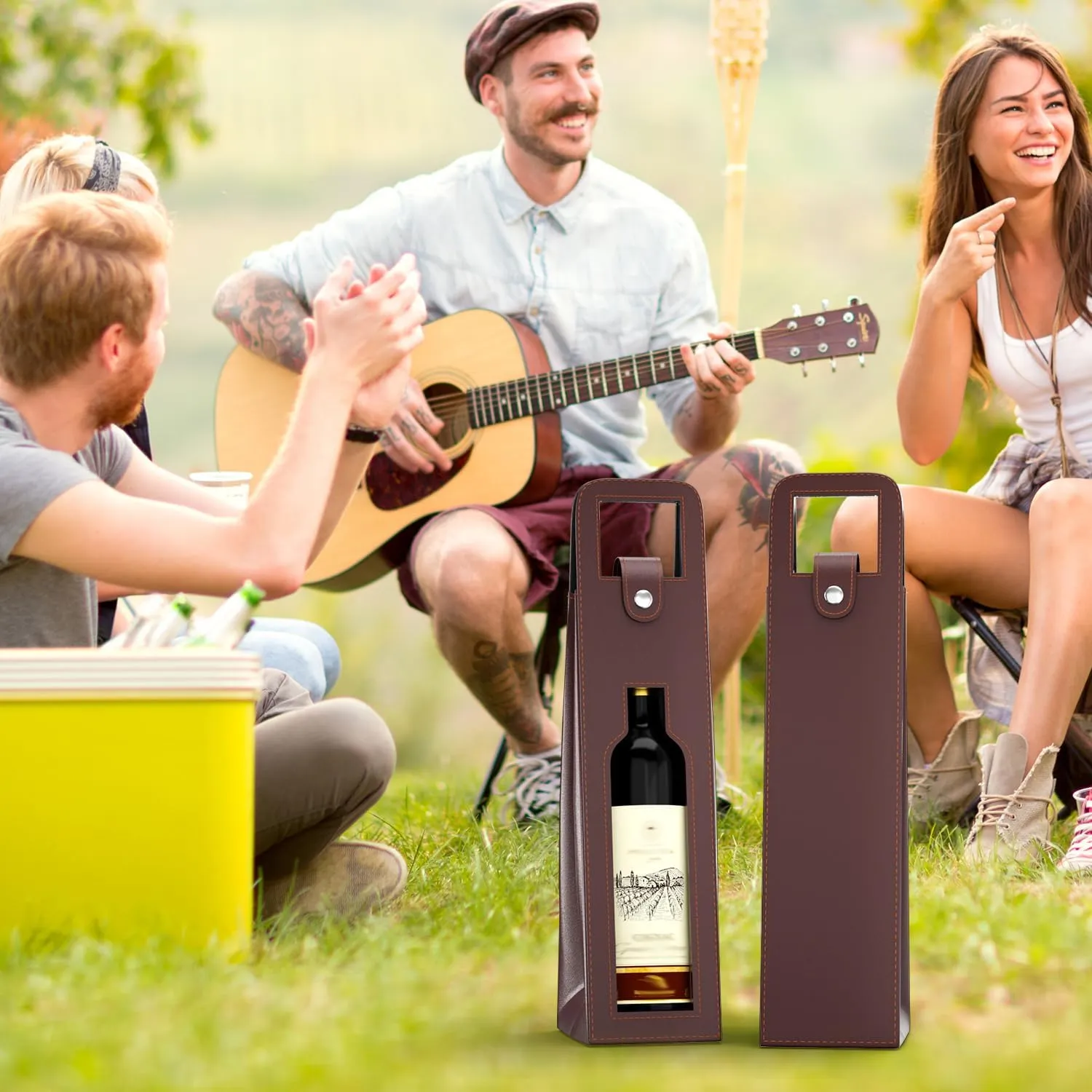 Wine Gift Bag, Reusable Leather Wine Tote Carrier, Single Bottle Champagne Beer Gift Bags Carrier for Birthday, Wedding, Picnic Party, Christmas Gifts (Brown)