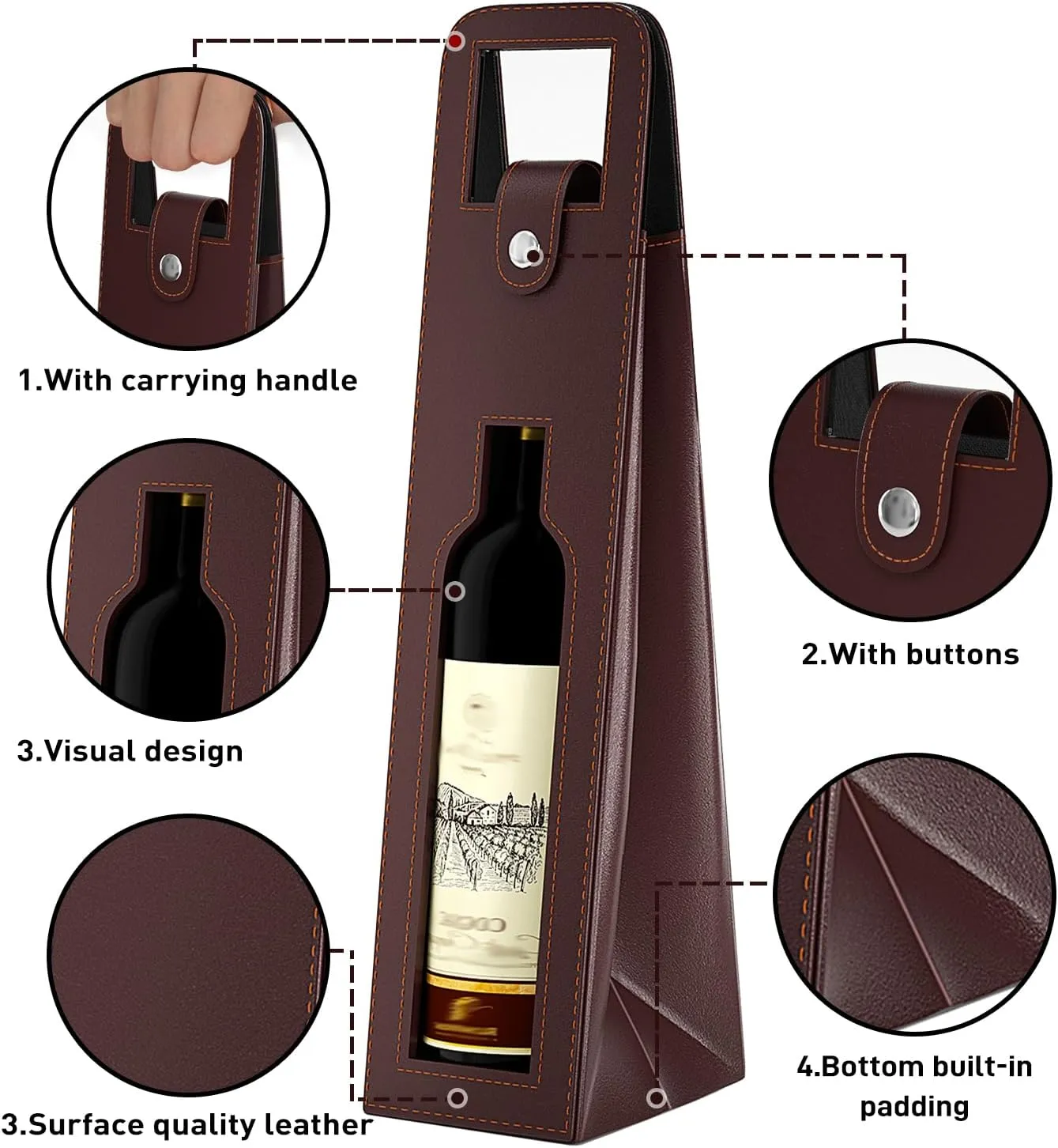 Wine Gift Bag, Reusable Leather Wine Tote Carrier, Single Bottle Champagne Beer Gift Bags Carrier for Birthday, Wedding, Picnic Party, Christmas Gifts (Brown)