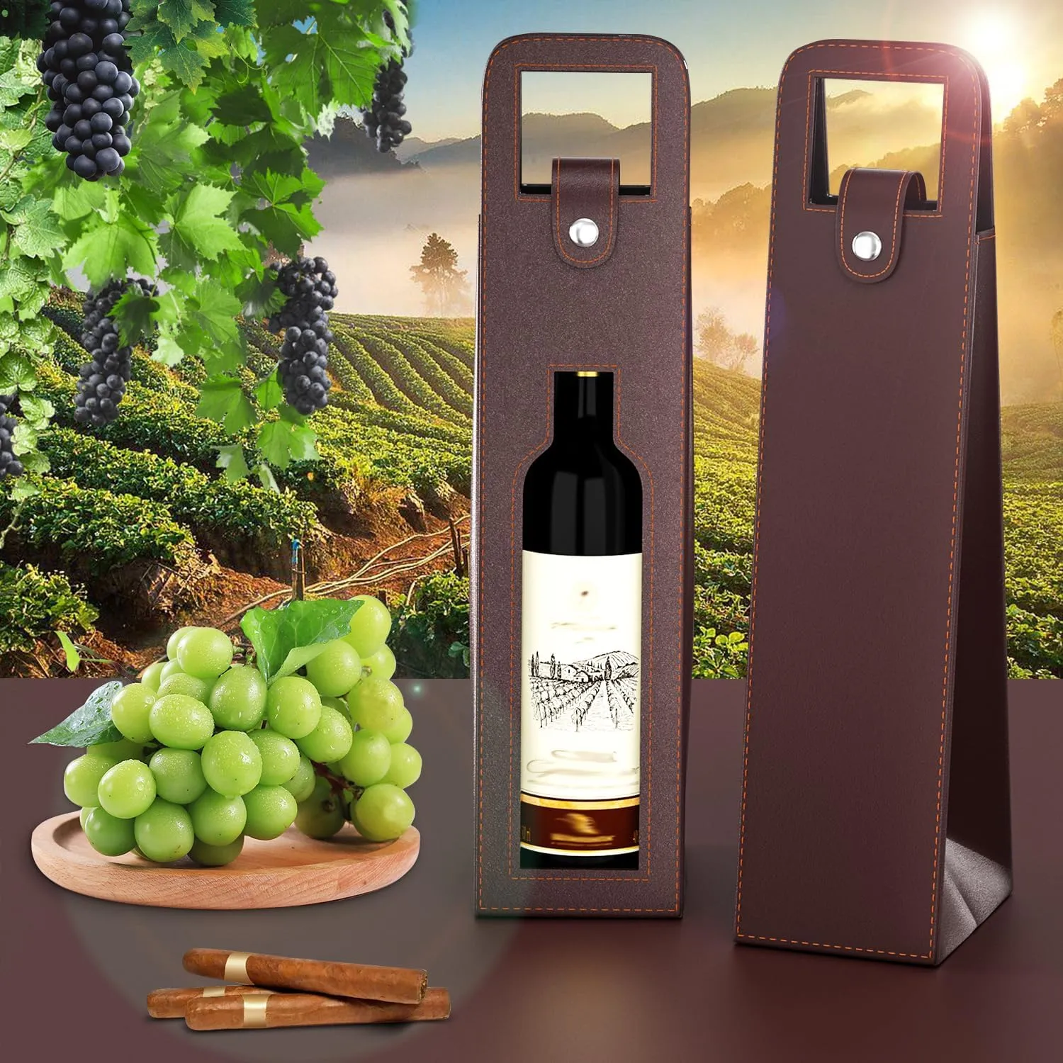 Wine Gift Bag, Reusable Leather Wine Tote Carrier, Single Bottle Champagne Beer Gift Bags Carrier for Birthday, Wedding, Picnic Party, Christmas Gifts (Brown)