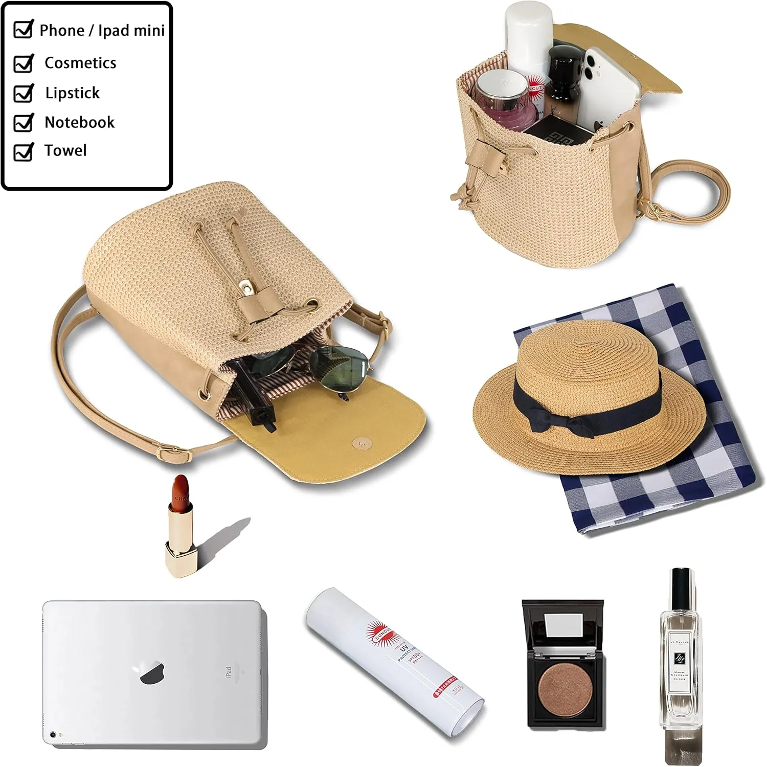 Women Beach Bag Summer Straw Woven Shoulder Bag Crossbody Bucket Handbags Handmade Hobo Purse Bamboo Handle
