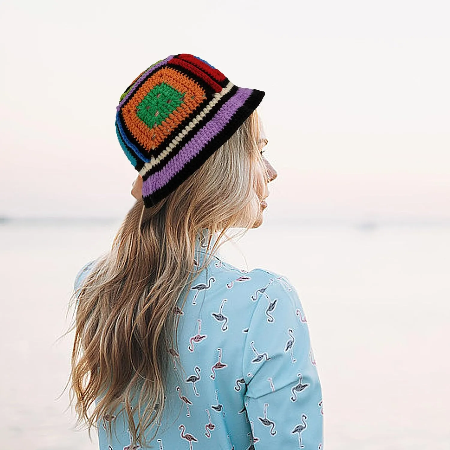 Women Knit Hat Crochet Bucket Hat Fish Hat Handmade Floppy Knitted Hats Floral Bohemian Casual Beach Hat