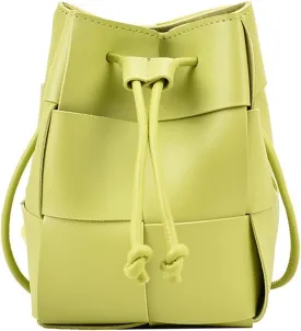 Women's Mini Woven Bucket Bag, Square Lattice Drawstring Leather Small Hobo Handbag Crossbody Handbags Soft Adjustable (Kiwi green)