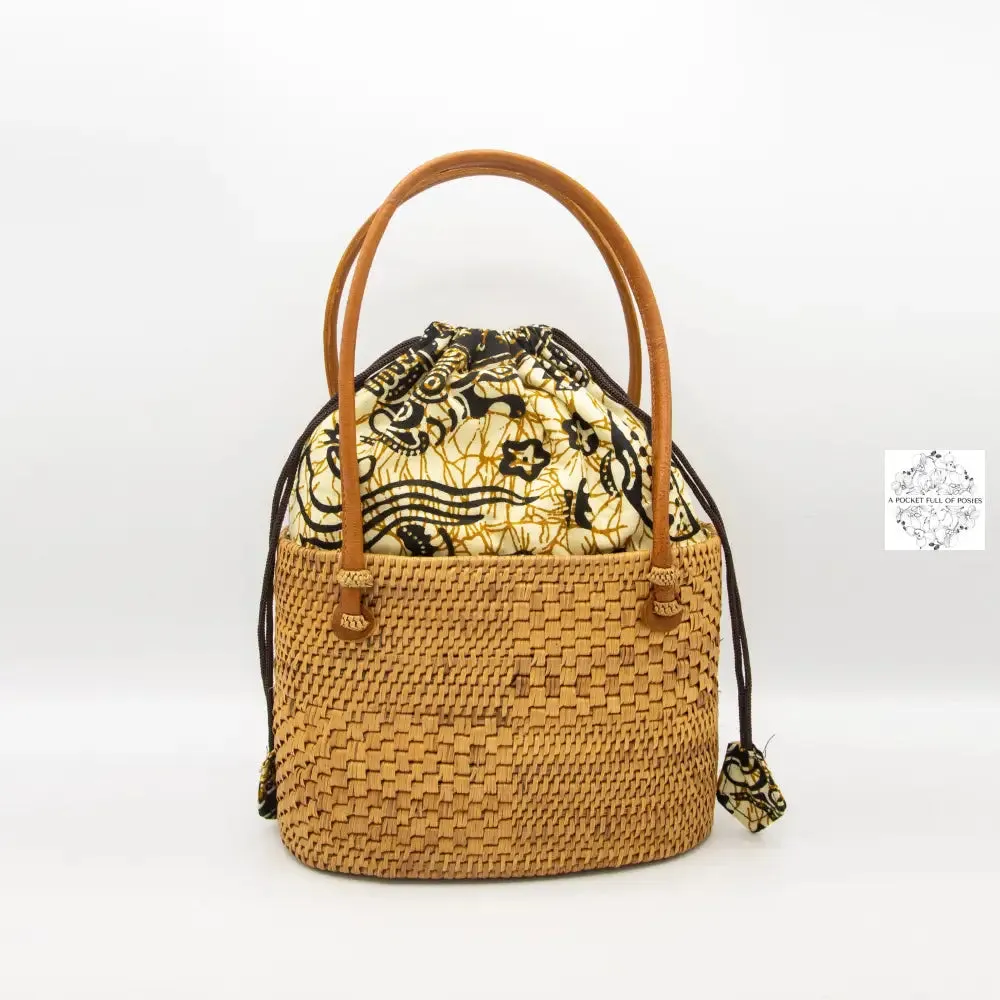 Women's small ata straw bag, natural with drawstring Closure and Top Handle - Rattan, Straw Purse, Boho Wicker, Batik Lining Made in Bali