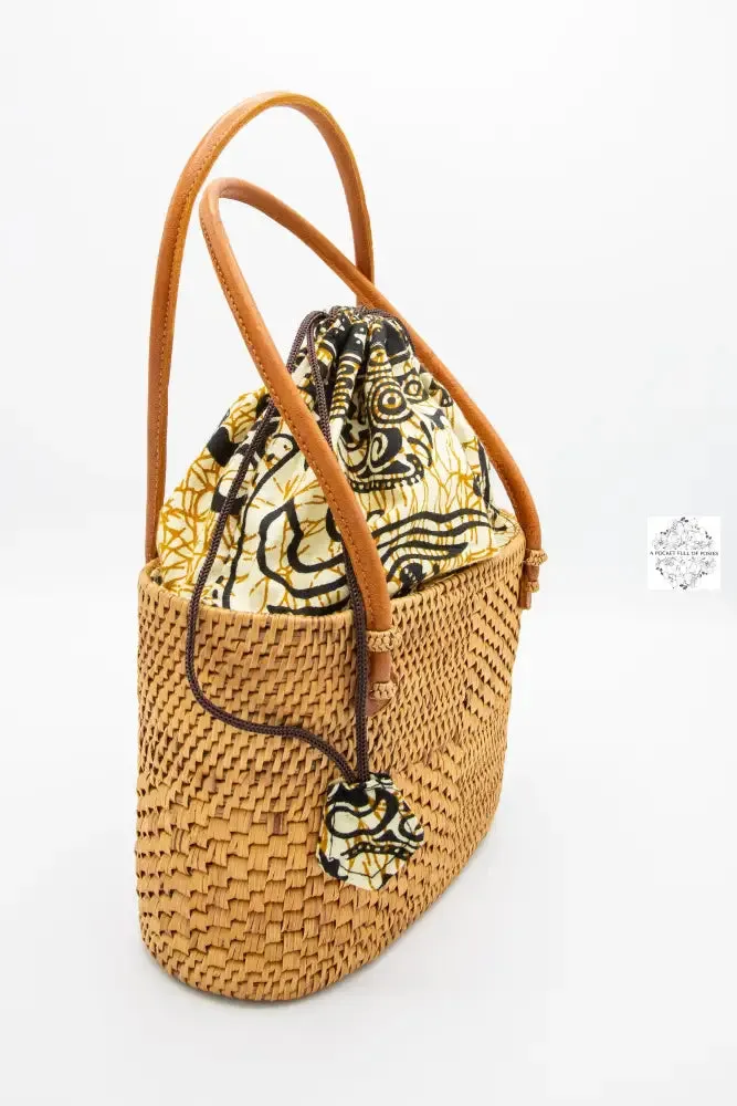 Women's small ata straw bag, natural with drawstring Closure and Top Handle - Rattan, Straw Purse, Boho Wicker, Batik Lining Made in Bali