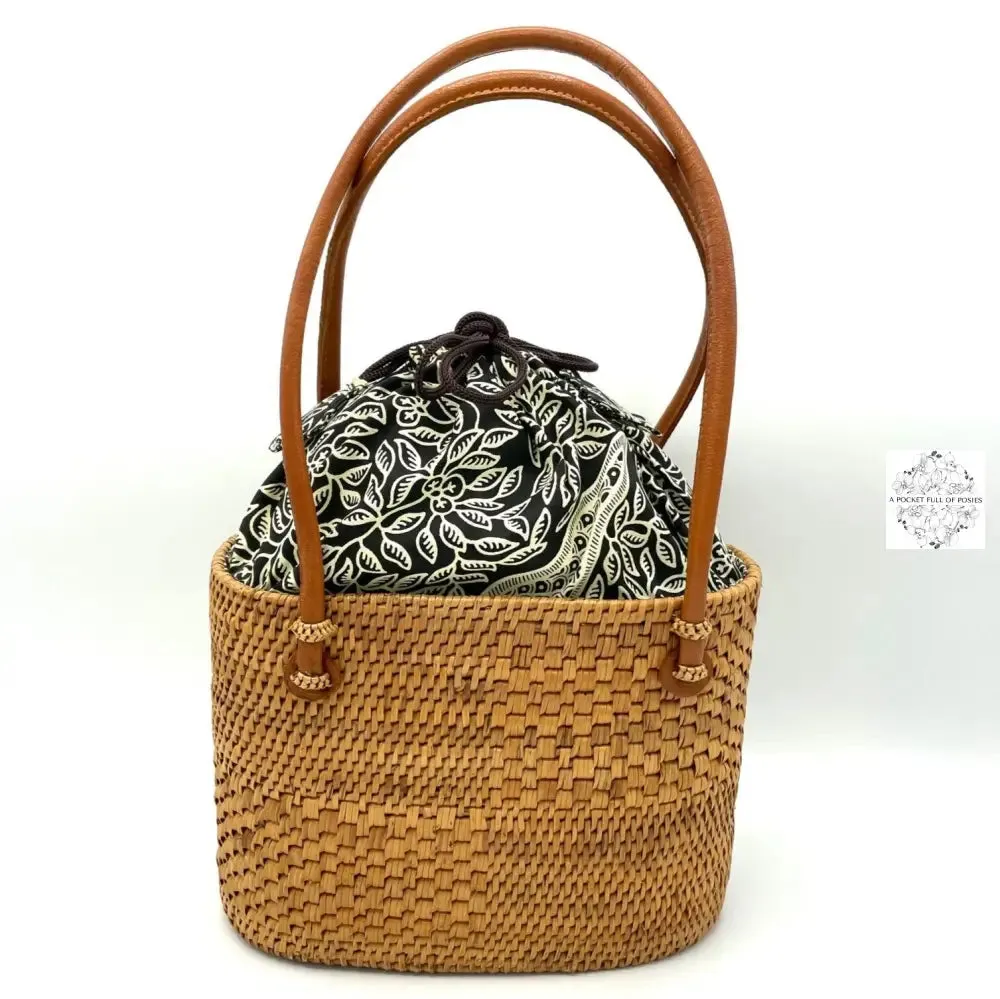 Women's small ata straw bag, natural with drawstring Closure and Top Handle - Rattan, Straw Purse, Boho Wicker, Batik Lining Made in Bali