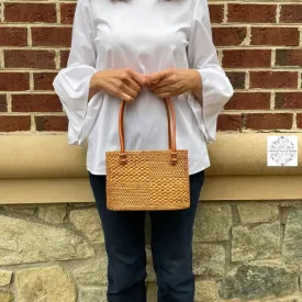 Women's small ata straw bag, natural with drawstring Closure and Top Handle - Rattan, Straw Purse, Boho Wicker, Batik Lining Made in Bali