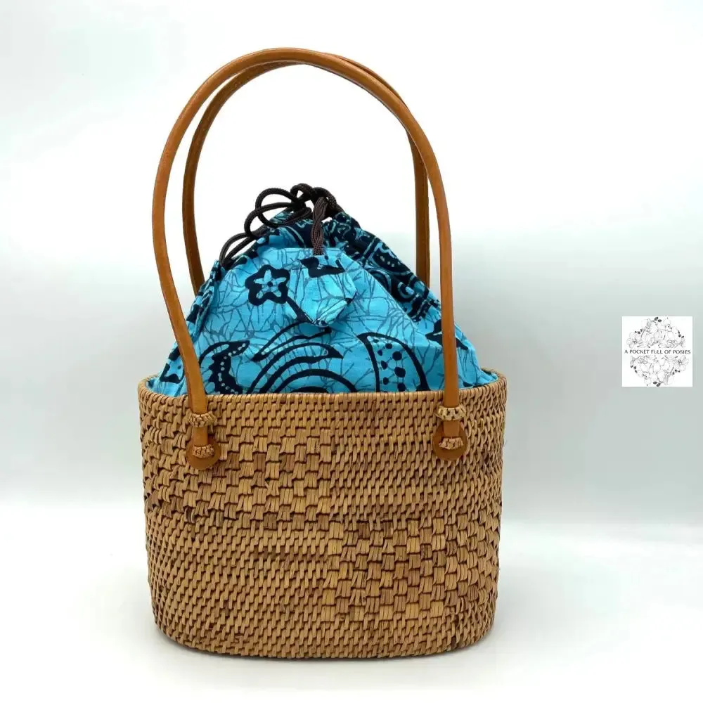 Women's small ata straw bag, natural with drawstring Closure and Top Handle - Rattan, Straw Purse, Boho Wicker, Batik Lining Made in Bali