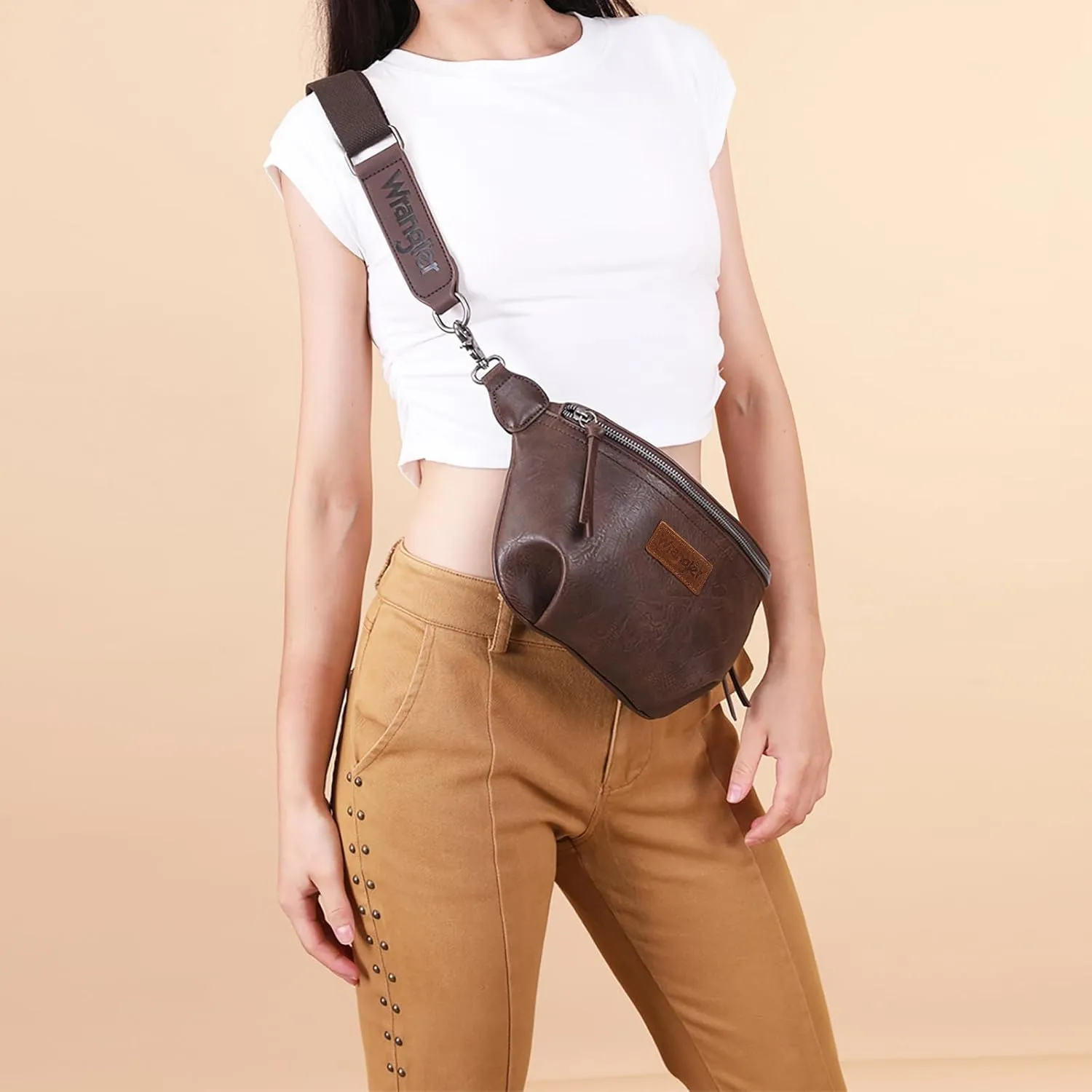 Wrangler Large Fanny Packs for Women Waist Bag Travel Belt Bags Crossbody Sling Purse Coffee