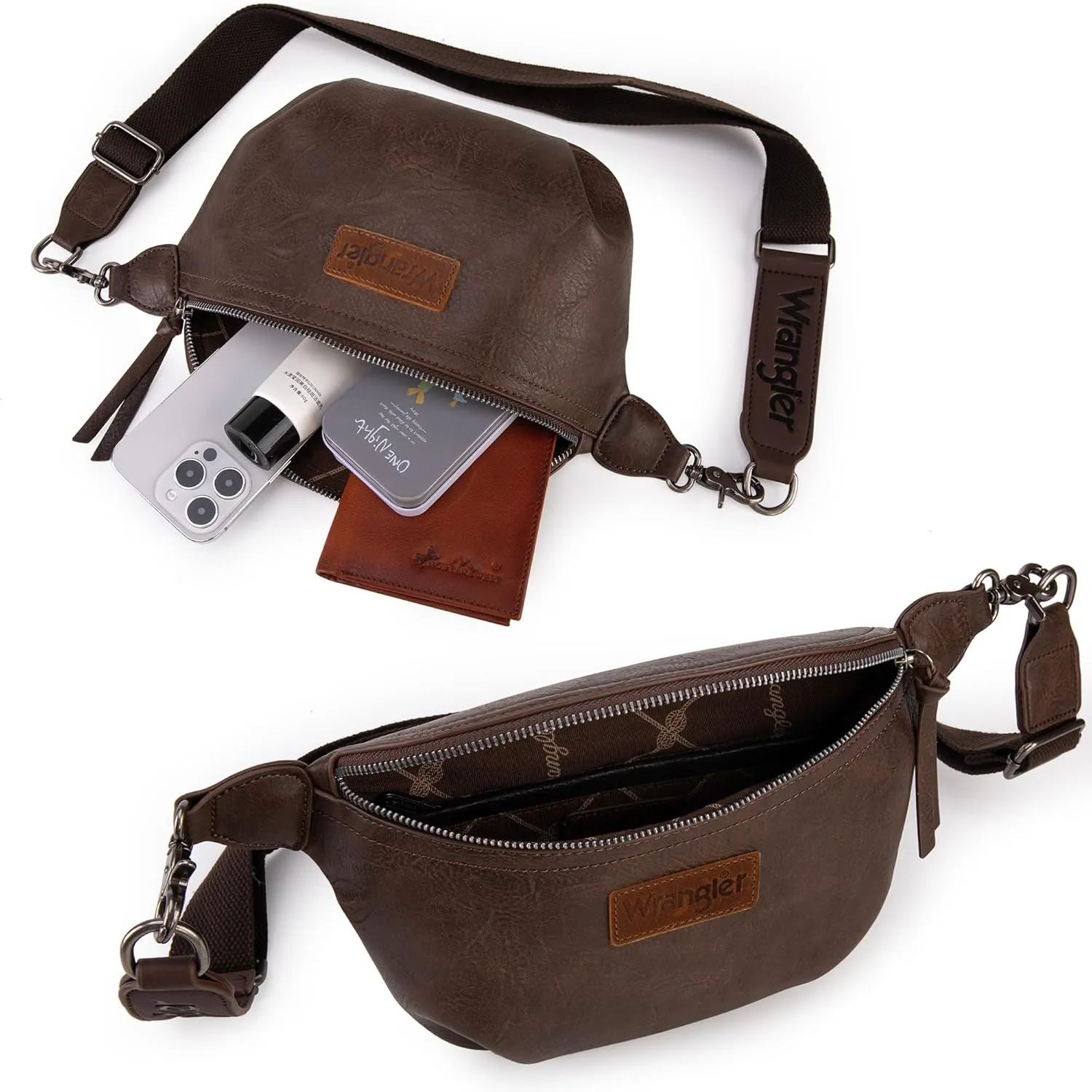 Wrangler Large Fanny Packs for Women Waist Bag Travel Belt Bags Crossbody Sling Purse Coffee