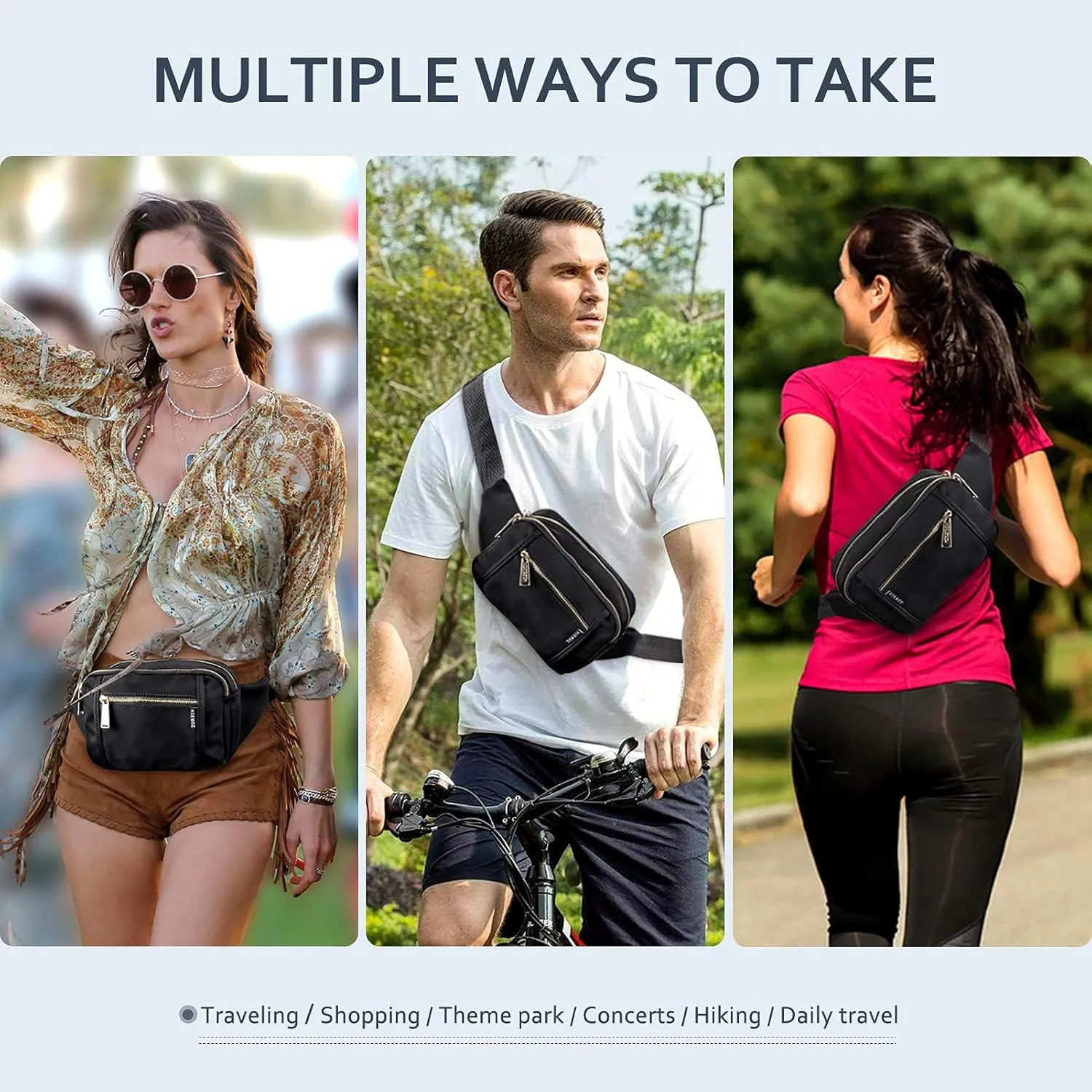 ZORFIN Fanny Packs for Women Men, Quilted Belt Bag with 5 Zipper Pockets, Fashion Waist Pack Crossbody Bag with Adjustable Belt for Travel/Shopping/Hiking/Running/Cycling ((Quilted Black, Gray Zipper)
