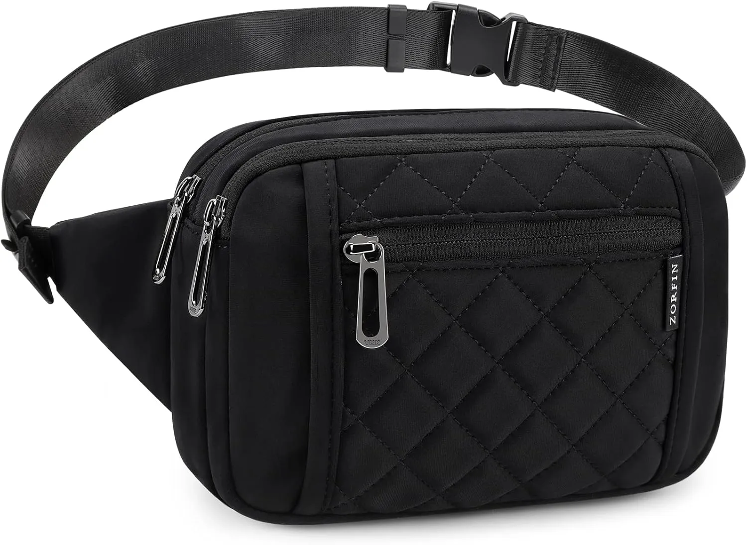 ZORFIN Fanny Packs for Women Men, Quilted Belt Bag with 5 Zipper Pockets, Fashion Waist Pack Crossbody Bag with Adjustable Belt for Travel/Shopping/Hiking/Running/Cycling ((Quilted Black, Gray Zipper)