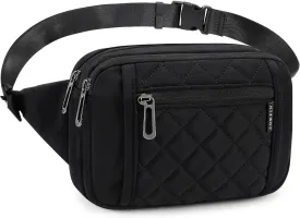 ZORFIN Fanny Packs for Women Men, Quilted Belt Bag with 5 Zipper Pockets, Fashion Waist Pack Crossbody Bag with Adjustable Belt for Travel/Shopping/Hiking/Running/Cycling ((Quilted Black, Gray Zipper)