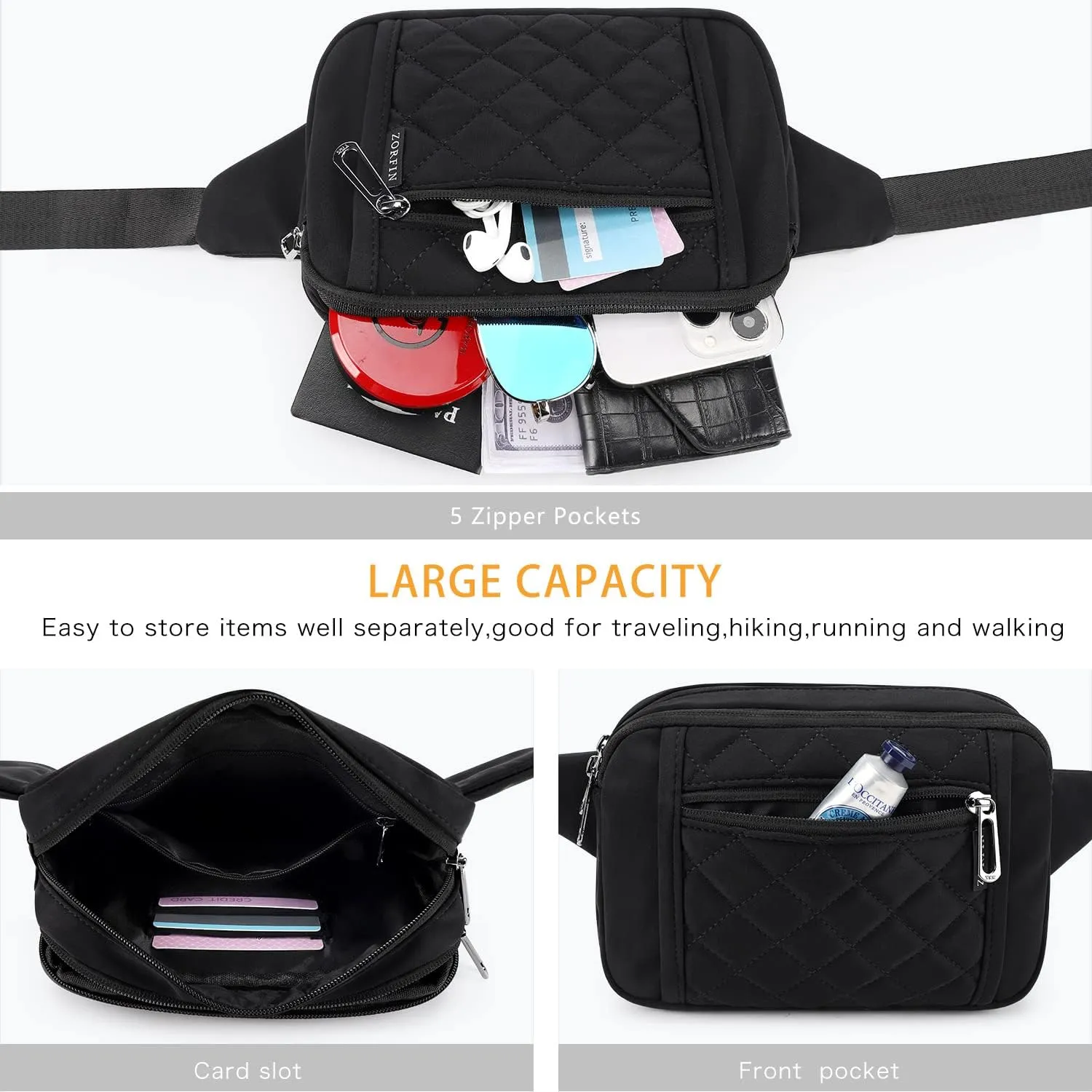 ZORFIN Fanny Packs for Women Men, Quilted Belt Bag with 5 Zipper Pockets, Fashion Waist Pack Crossbody Bag with Adjustable Belt for Travel/Shopping/Hiking/Running/Cycling ((Quilted Black, Gray Zipper)
