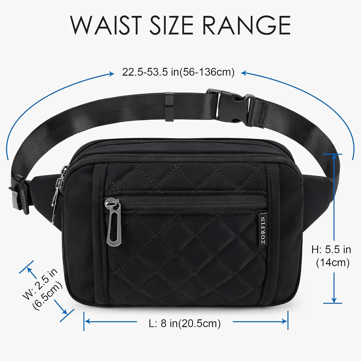 ZORFIN Fanny Packs for Women Men, Quilted Belt Bag with 5 Zipper Pockets, Fashion Waist Pack Crossbody Bag with Adjustable Belt for Travel/Shopping/Hiking/Running/Cycling ((Quilted Black, Gray Zipper)