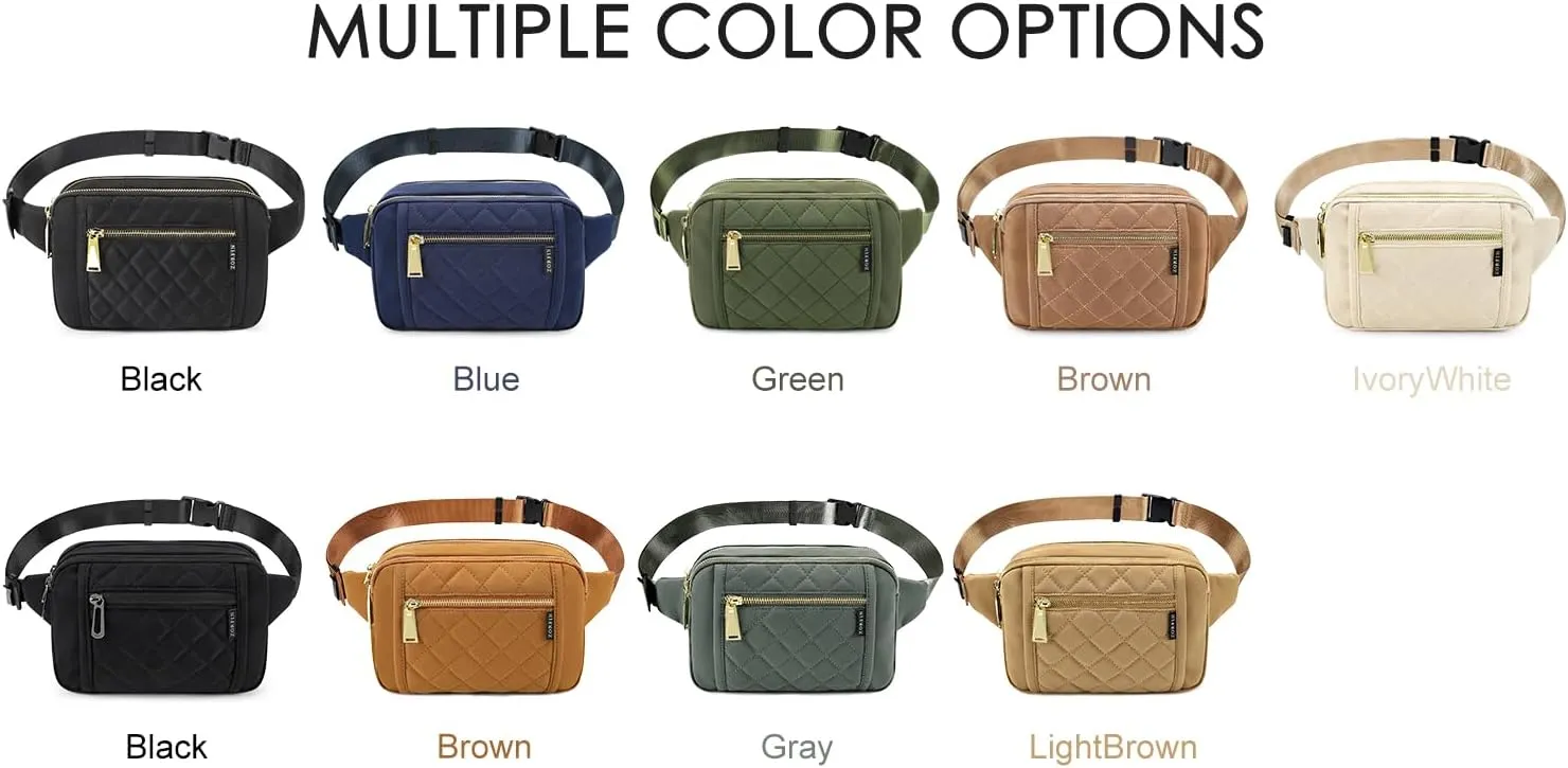 ZORFIN Fanny Packs for Women Men, Quilted Belt Bag with 5 Zipper Pockets, Fashion Waist Pack Crossbody Bag with Adjustable Belt for Travel/Shopping/Hiking/Running/Cycling ((Quilted Black, Gray Zipper)
